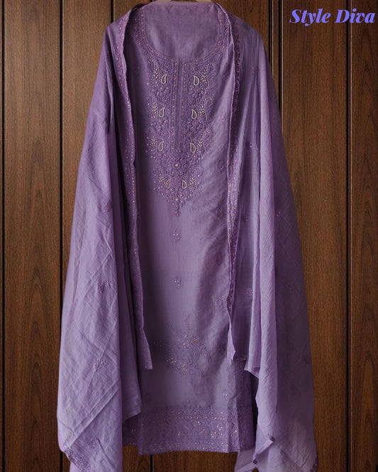 Pure Mul Cotton Lucknowi Embroidery Unstitched Suit Set with Sequence High-Lighting Dupatta