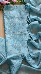 Pure Mul Cotton Lucknowi Embroidery Unstitched Suit Set with Sequence High-Lighting Dupatta