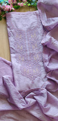 Pure Mul Cotton Lucknowi Embroidery Unstitched Suit Set with Sequence High-Lighting Dupatta