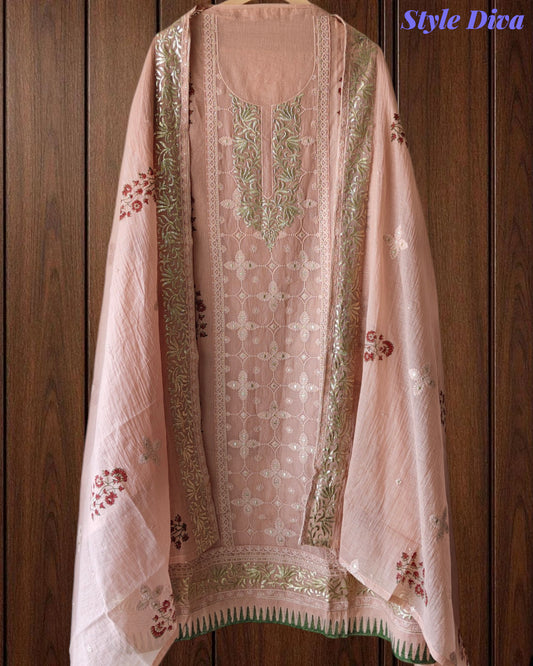 Crush Mul Cotton Block Print Unstitched Suit with Pita Embroidery Detailing