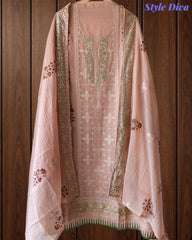 Crush Mul Cotton Block Print Unstitched Suit with Pita Embroidery Detailing
