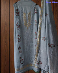 Crush Mul Cotton Block Print Unstitched Suit with Pita Embroidery Detailing