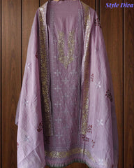 Crush Mul Cotton Block Print Unstitched Suit with Pita Embroidery Detailing