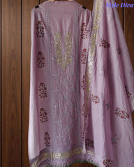 Crush Mul Cotton Block Print Unstitched Suit with Pita Embroidery Detailing