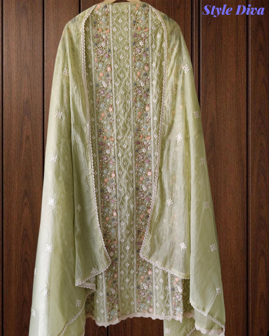 Mul Cotton Lucknowi Embroidered Un-Stitched Suit with Crochet Lace Dupatta