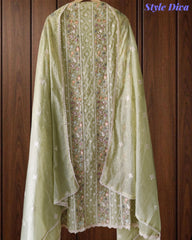 Mul Cotton Lucknowi Embroidered Un-Stitched Suit with Crochet Lace Dupatta