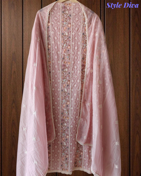 Mul Cotton Lucknowi Embroidered Un-Stitched Suit with Crochet Lace Dupatta