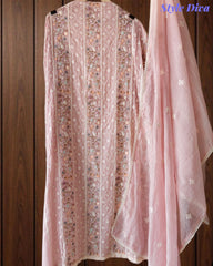 Mul Cotton Lucknowi Embroidered Un-Stitched Suit with Crochet Lace Dupatta