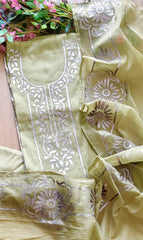 Crush Mul Cotton Block Print Unstitched Suit with Pita Embroidery Detailing