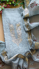 Crush Mul Cotton Block Print Unstitched Suit with Pita Embroidery Detailing