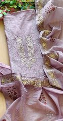 Crush Mul Cotton Block Print Unstitched Suit with Pita Embroidery Detailing