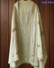 Crush Mul Cotton Block Print Unstitched Suit with Pita Embroidery Detailing