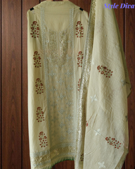 Crush Mul Cotton Block Print Unstitched Suit with Pita Embroidery Detailing