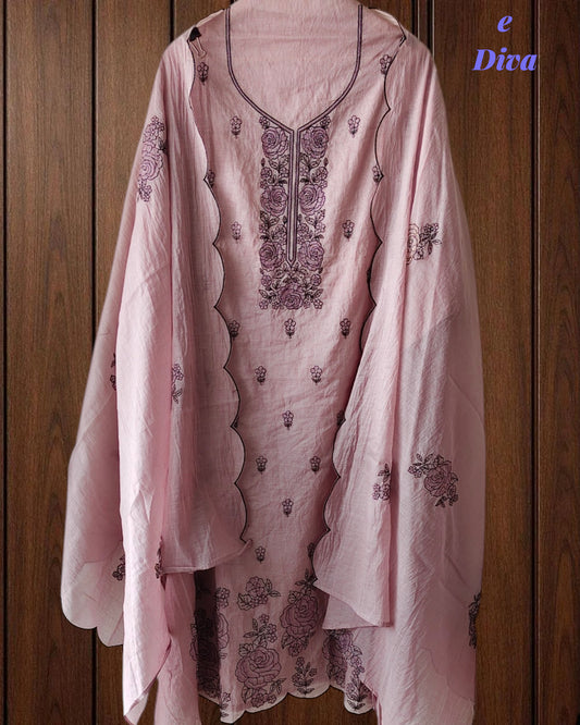 Crush Mul Cotton Embroidered Unstitched Suit with Scalloped Dupatta