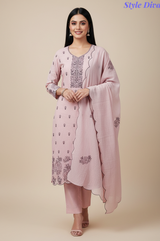 Crush Mul Cotton Embroidered Unstitched Suit with Scalloped Dupatta