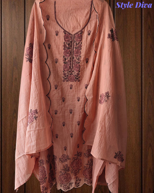 Crush Mul Cotton Embroidered Unstitched Suit with Scalloped Dupatta