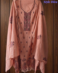 Crush Mul Cotton Embroidered Unstitched Suit with Scalloped Dupatta