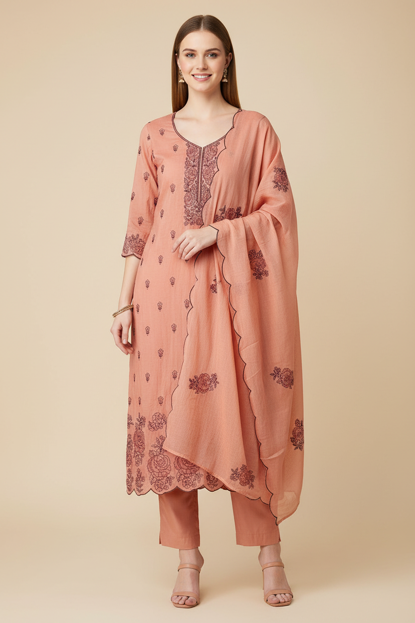 Crush Mul Cotton Embroidered Unstitched Suit with Scalloped Dupatta