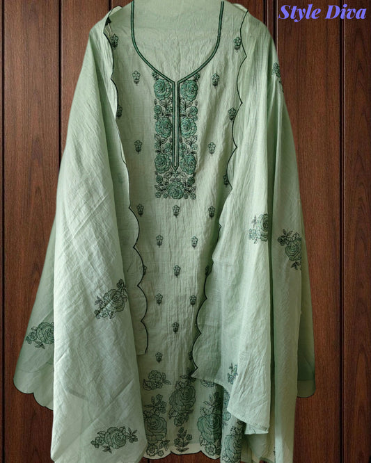 Crush Mul Cotton Embroidered Unstitched Suit with Scalloped Dupatta
