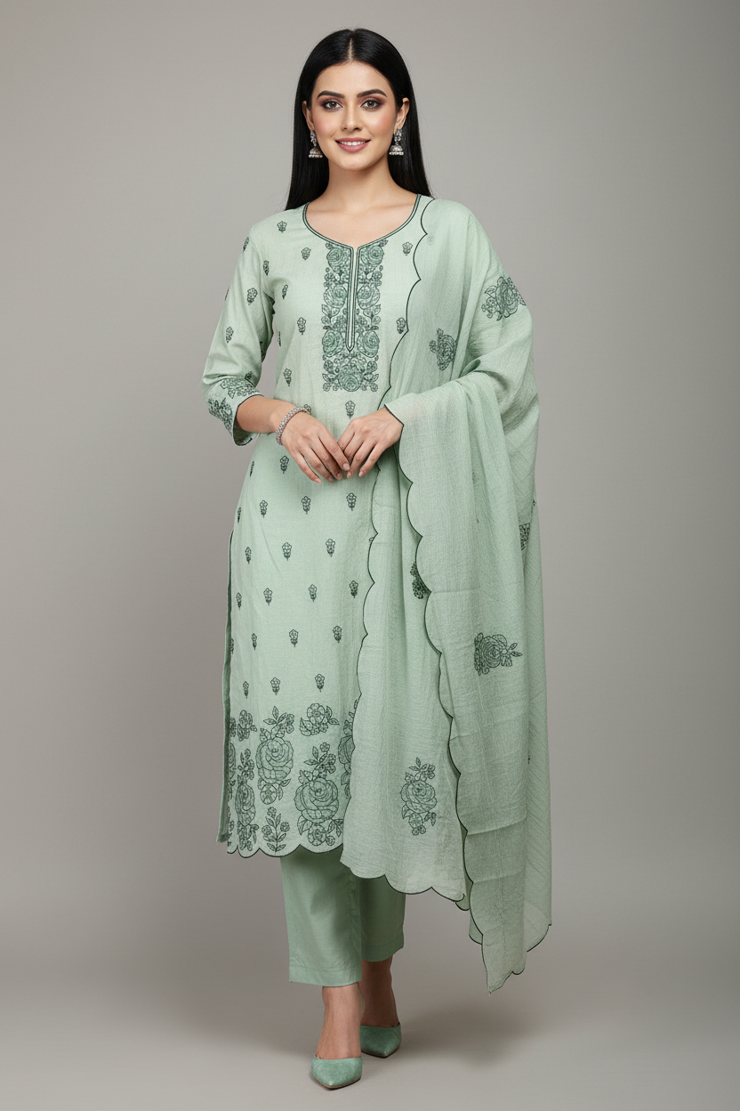 Crush Mul Cotton Embroidered Unstitched Suit with Scalloped Dupatta