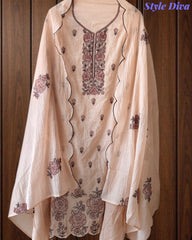Crush Mul Cotton Embroidered Unstitched Suit with Scalloped Dupatta