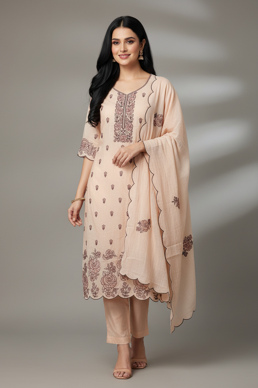 Crush Mul Cotton Embroidered Unstitched Suit with Scalloped Dupatta