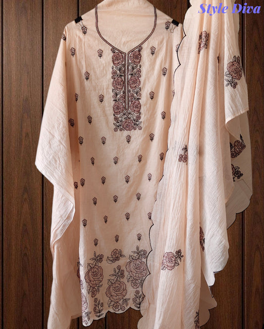 Crush Mul Cotton Embroidered Unstitched Suit with Scalloped Dupatta