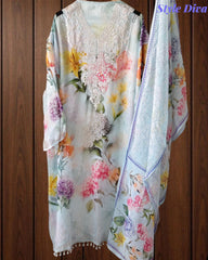 Organza Digital Print Zari Work Semi-Stitched Suit with Organza Digital Print Dupatta
