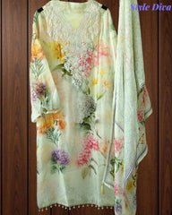 Organza Digital Print Zari Work Semi-Stitched Suit with Organza Digital Print Dupatta )