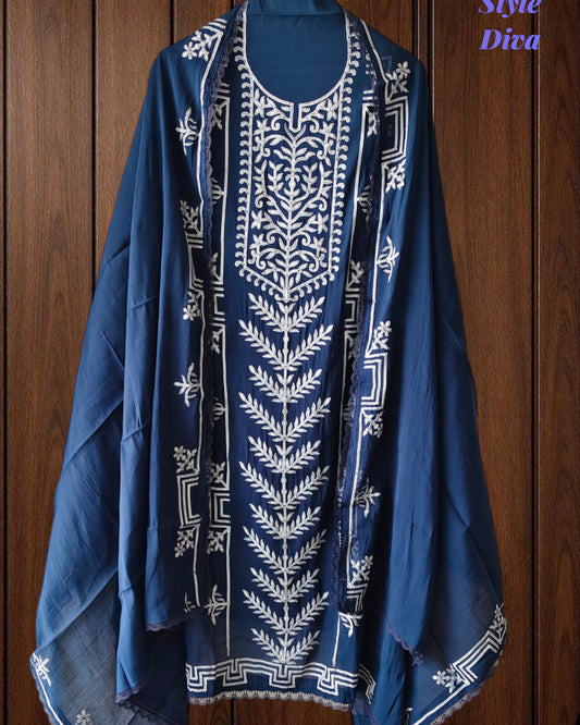Mul Cotton Overall Applique Work Unstitched Suit with Applique Work Dupatta