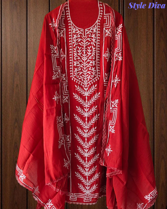 Mul Cotton Overall Applique Work Unstitched Suit with Applique Work Dupatta