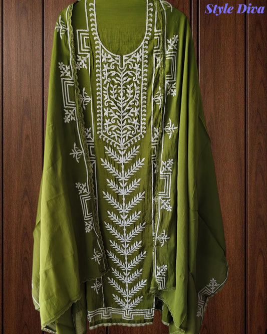 Mul Cotton Overall Applique Work Unstitched Suit with Applique Work Dupatta