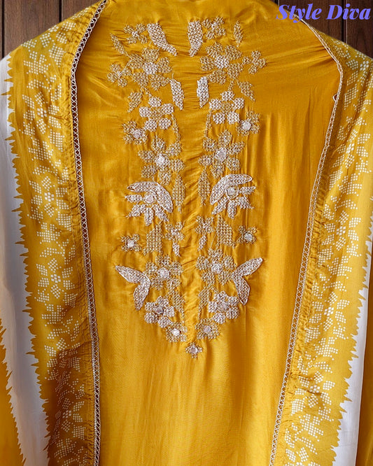 Gajji Silk Digital Print Unstitched Suit with Zari Embroidery Work Dupatta