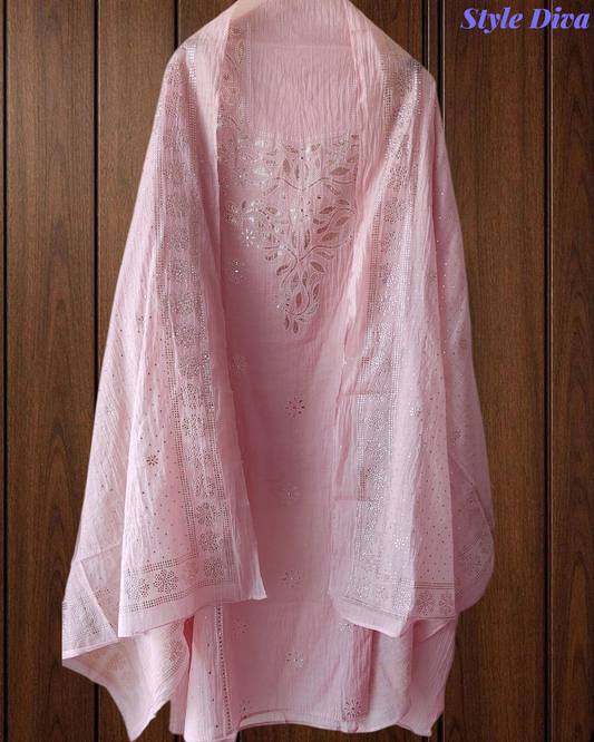 Mul Cotton Mukeish Work Un Stitched Suit With Mul Cotton Dupatta