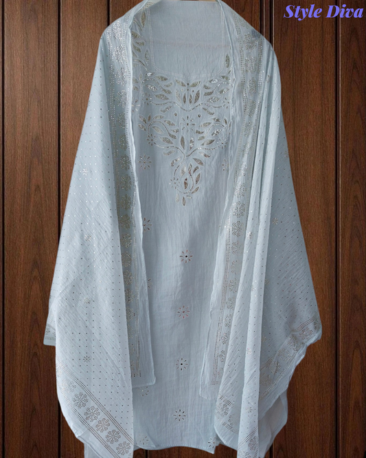 Mul Cotton Mukeish Work Un Stitched Suit With Mul Cotton Dupatta