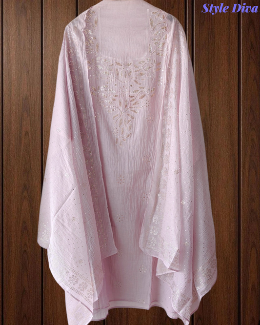 Mul Cotton Mukeish Work Un Stitched Suit With Mul Cotton Dupatta