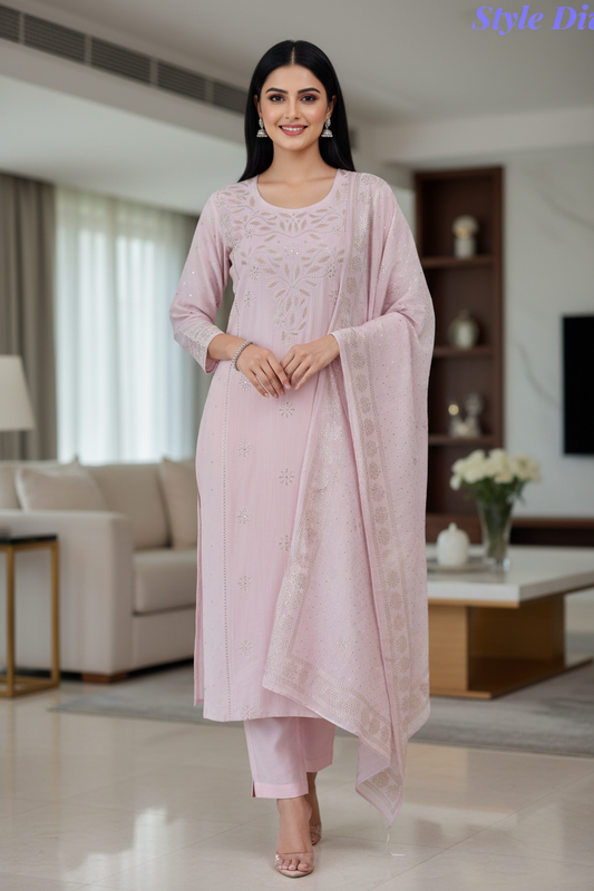 Mul Cotton Mukeish Work Un Stitched Suit With Mul Cotton Dupatta