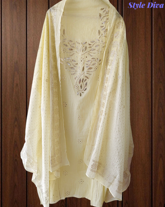 Mul Cotton Mukeish Work Un Stitched Suit With Mul Cotton Dupatta