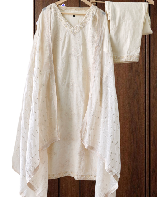 Cotton Embroidered Kurta Set with Sequin Work & Matching Dupatta – 3-Piece Fully Stitched Suit