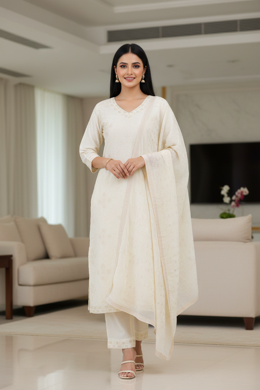 Cotton Embroidered Kurta Set with Sequin Work & Matching Dupatta – 3-Piece Fully Stitched Suit