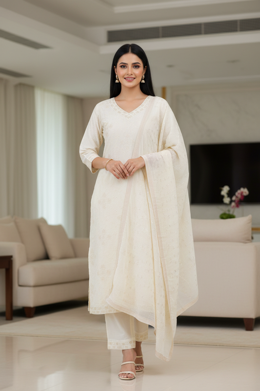 Cotton Embroidered Kurta Set with Sequin Work & Matching Dupatta – 3-Piece Fully Stitched Suit