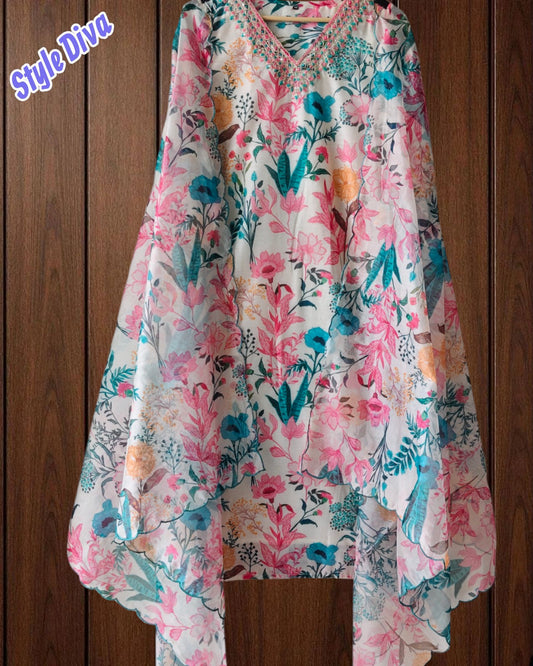 Chanderi Floral Digital Print Kurta Set with Organza Scalloped Dupatta – 3-Piece Fully Stitched Suit