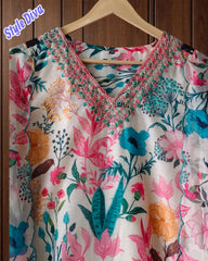 Chanderi Floral Digital Print Kurta Set with Organza Scalloped Dupatta – 3-Piece Fully Stitched Suit