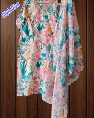 Chanderi Floral Digital Print Kurta Set with Organza Scalloped Dupatta – 3-Piece Fully Stitched Suit