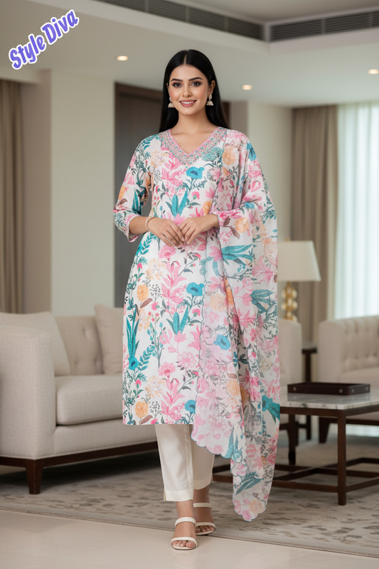 Chanderi Floral Digital Print Kurta Set with Organza Scalloped Dupatta – 3-Piece Fully Stitched Suit