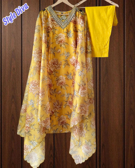 Chanderi Floral Digital Print Kurta Set with Organza Scalloped Dupatta – 3-Piece Fully Stitched Suit