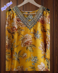 Chanderi Floral Digital Print Kurta Set with Organza Scalloped Dupatta – 3-Piece Fully Stitched Suit