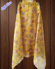 Chanderi Floral Digital Print Kurta Set with Organza Scalloped Dupatta – 3-Piece Fully Stitched Suit