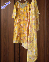 Chanderi Floral Digital Print Kurta Set with Organza Scalloped Dupatta – 3-Piece Fully Stitched Suit
