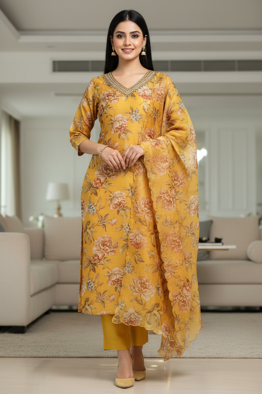 Chanderi Floral Digital Print Kurta Set with Organza Scalloped Dupatta – 3-Piece Fully Stitched Suit